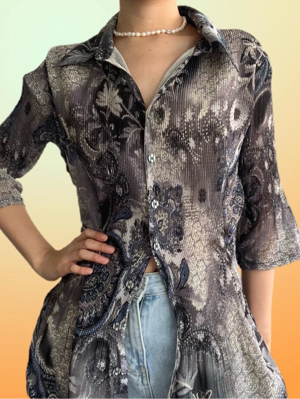 Gray Floral-Print Women's Button-Up Top